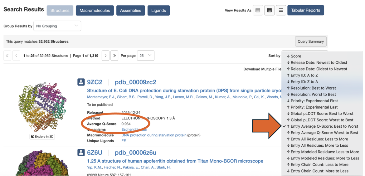 <I>Q-score now appears in RCSB.org search results</I>